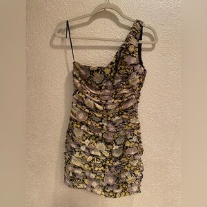 Zara One-Shoulder Floral Dress in Black, Purple, and Gold